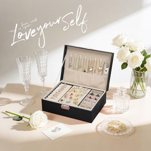 Homeanda Jewelry box 2 layer Jewelry box Leather Jewelry boxes for Women Girls Teens Jewelry organizer box Jewelry Storage box with lock(Black) Black