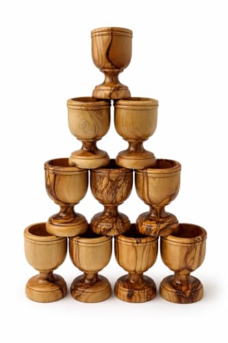 Zuluf Olive Wood Communion Wine Cup Set, 10 Count, 2.8 Inch Small Goblets, Handcrafted Bethlehem Holy Land, Eucharist Church Chalice Cups for Christian Worship & Religious Ceremony