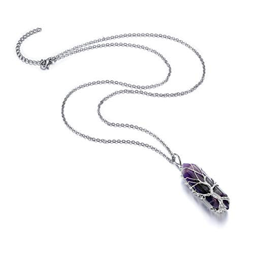 PESOENTH Tree Of Life Reiki Healing Crystal Energy Stone Clear Quartz Pendant Necklace Silver Wire Wrapped Raw Gemstone Hexagonal Prism Pointed Crystal Pendant Jewelry for Women and Men Amethyst