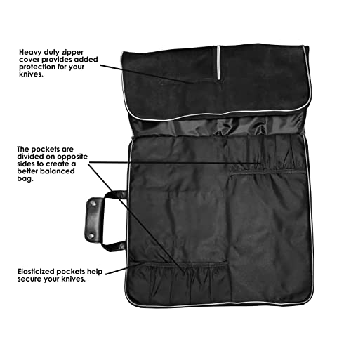 Ergo Chef Heavy Duty Waxed Canvas 10 Pocket Chef Knife Roll Bag Knife Case with Mesh Tool Pocket (Black) Durable Knife Case with Handle, Removable Shoulder Strap & Large Zippered Mesh Pocket 10 Pocket - Black