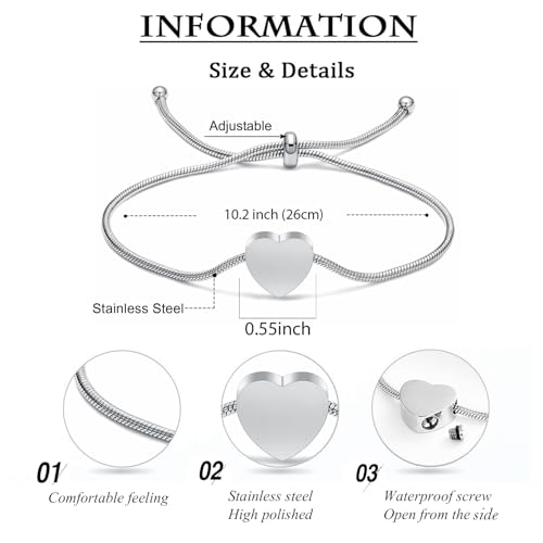 zeqingjw Heart Cremation Bracelet for Ashes Urn Jewelry for Women Stainless Steel Adjustable Memorial Bangle Loved Ones Funeral Keepsake Gift Silver