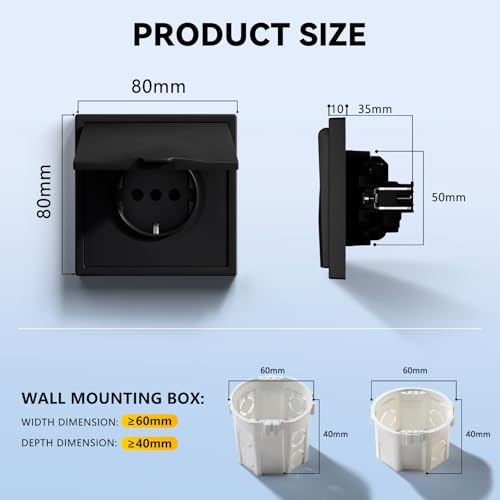 Flush-mounted EU standard built-in Schuko socket with waterproof cover, wall socket, 16 amp, with PC frame, 80 x 80 mm, socket with claws, 1 socket, black, 1 gang with waterproof cover
