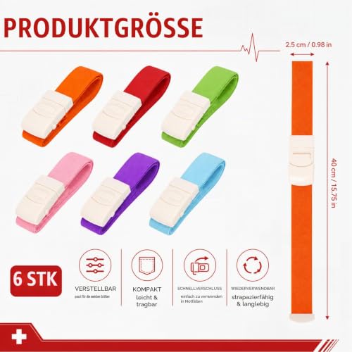 Pack of 6 Storage Tubes, Blood Drawing, Highly Flexible Tourniquet with Quick Closure, Vein Preservation, Storage Hose, Blood Collection Set, Used for Blood Collection and Wound Cares, Camping, Hiking