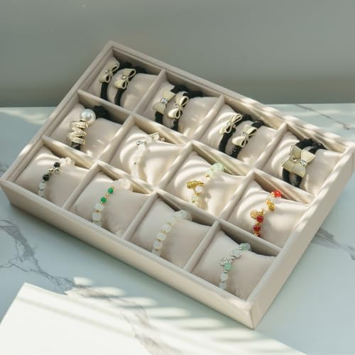 Jewelry Watch Tray, Beige Velvet Watch Jewelry Organizer 12 Grid, Stackable Watch Bracelet Bangle Display Holder, Adjustable Pillows, for Man Woman Show Birthday