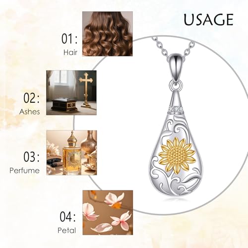 YFN Sterling Silver Sunflower Teardrop Urn Necklace - Cremation Jewelry for Ashes, Memorial Keepsake Pendant with Heartfelt Gift Box