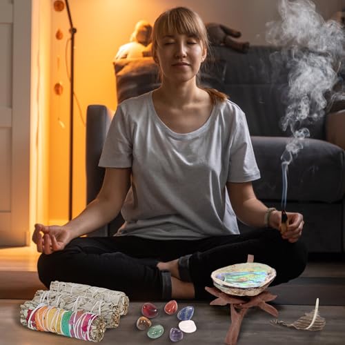 Nutgun Sage Smudge Kit - 2 White Sage Sticks, 1 Chakra Sage Stick, Palo Santo, Abalone Shell, Stand, Smudging Feather, 7 Chakra Stones & Guide ~ Sage Incense Sticks for Cleansing House & Meditation Sage Smudge Kit With Healing Stones