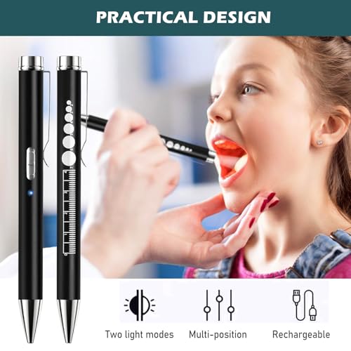 3PC Medical Diagnostic Light, Pupil Light, Rechargeable LED Pupil Light with USB Cable, Medical Pupil Light with Pupil Meter & Ruler & Writeable Lead