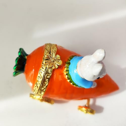 Hand Painted Enamel Animal Mini Trinket Box, Hinged Unique Mini Ring Necklace Jewelry Organizer, Classical Bejeweled Storage, Figurine Collectible Keepsake Home Decor (Carrot Rabbit) Carrot Rabbit