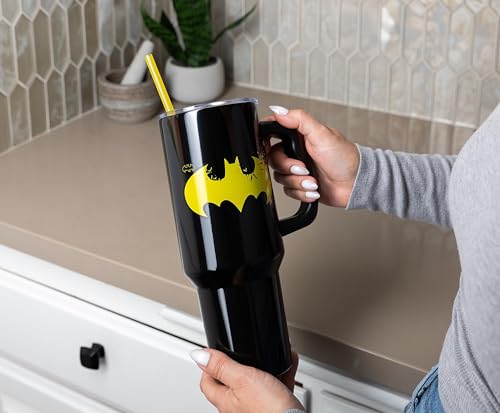 Silver Buffalo DC Comics Batman Logo Double Walled Stainless Steel Tumbler with Handle and Straw, Fits in Standard Cup Holder, 40 Ounces