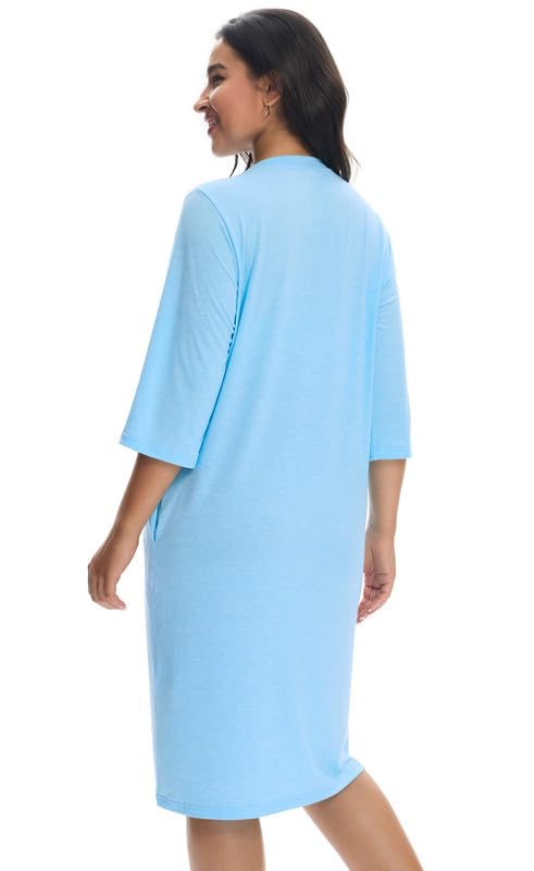 [Australia - AusPower] - Women’s Post Surgery Robe & Hospital Gown with Zipper, Drain & Side Pockets, Mastectomy Recovery Pajamas & Gift Sky Blue Medium 