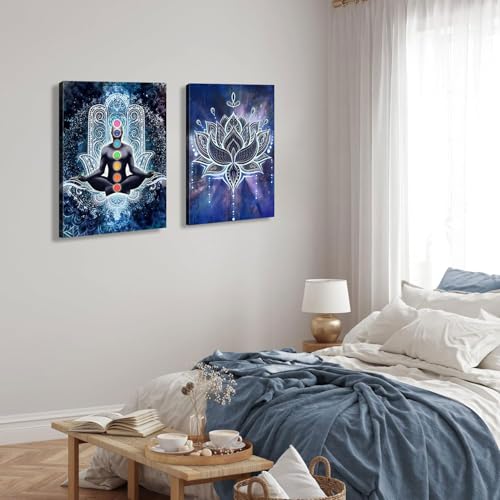 2 Pcs Framed Spiritual Canvas Wall Art Mural Chakra Meditation Poster Lotus Mandala Printed Zen Yoga Artwork Used Mindfulness Therapy Posters Bohemian Picture Home Decoration Gallery Wrapping 12X16Inch Blue Yoga Meditation