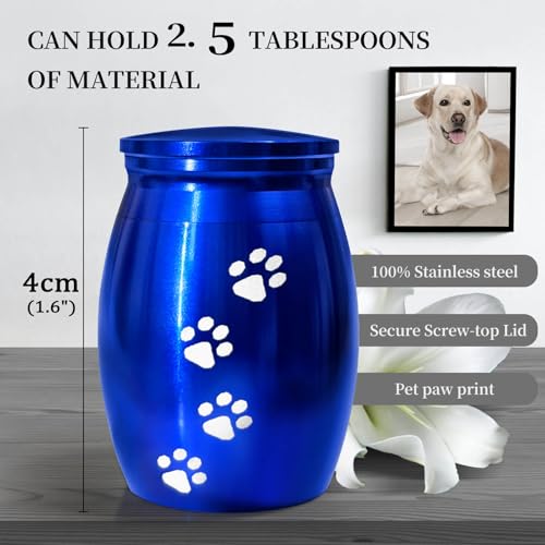 Small Pet Urns for Dog Ashes, Mini Cat Urn for Ashes Keepsake, Tiny Cremation Animal Human Memorial Necklace Loss of Dogs Cat Gifts, Pet Paw Print Urn - Heart Shaped Box with Blue Light