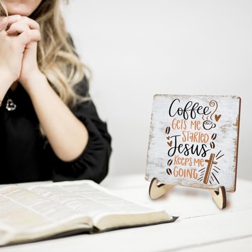 Inspirational Coffee Sign Rustic Desk Decor Decorative Christian Religious Bible Verse Faith Decoration for Home Farmhouse Bedroom Office Coffee Bar Table Shelf Tiered Tray Plaque with Wood Stand multicolour0345