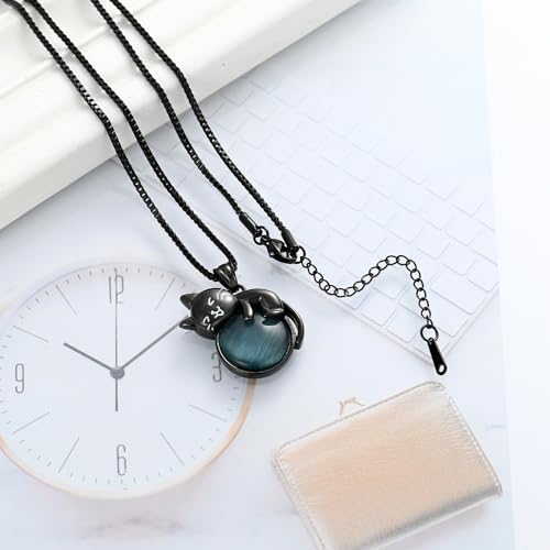 XSMZB Pet Cremation Ashes Jewelry Moonstone Cat Urn Necklace for Ashes for Women Men Lovely Cat Memorial Urn Locket Keepsake Pendant Gift Black Cat