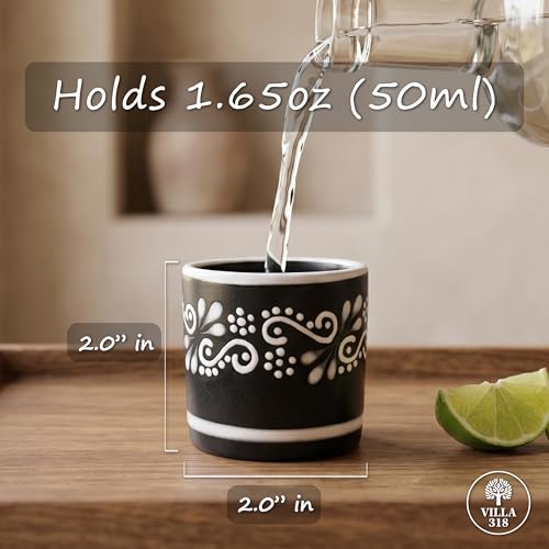 Tequila Sipping Glasses, Ceramic Mezcal Copitas, Set of 4 Black & White Fancy