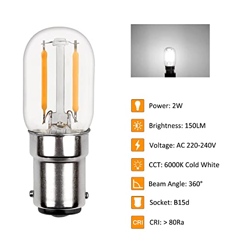 Akynite Bulb B15d LED 230 V for Sewing Machine, Double Contact, 2 W LED Replaces Incandescent Bulbs B15 15 W, Cool White 6000 K, 150 LM, Not Dimmable, Bayonet B15d Small Bulb, Set of 2 B15d Cool White