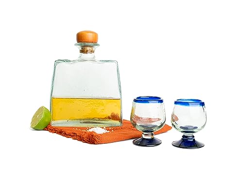 Authentic Mexican Tequila Hand Blown Shot Glasses - Set of 4-2 oz - Mini Glass Snifters - Heavy Base - Cognac (Cobalt Blue Rim) Cobalt Blue Rim