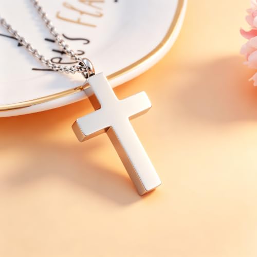 In Loving Memory Engraved Cross Cremation Necklace - Stainless Steel Memorial Urn Pendant for Ashes, Faith-Based Keepsake Jewelry for Loved Ones Silver