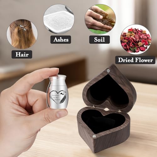 XIUDA Wooden Mini Memorial Small Urns for Ashes Stainless Steel Cremation Mini Urn with Black Walunt Box Funeral Heart Wings Keepsake Urn for Ashes