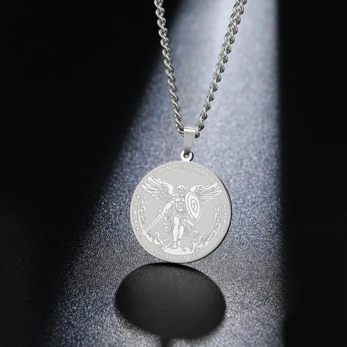 TEAMER Saint Michael Necklace Stainless Steel St. Michael The Great Protector Archangel Amulet Necklace Religious Jewelry For Women Silver