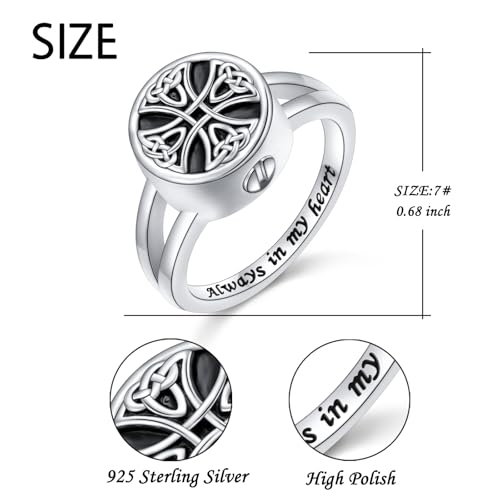 Celtic Urn Ring S925 Sterling Silver Always in My Heart Cremation Urn Ring for Ashes Keepsake Cremation Jewelry Memorial Rings for Women Cross R 1/2