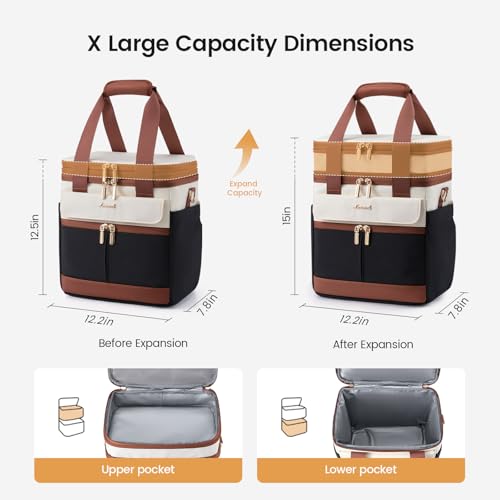 LOVEVOOK Insulated Lunch Box for Women,X Large Adult Lunch Cooler Bag Men Black with Off White with Brown Extra Large - 23 l