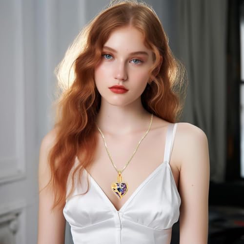 Heart Urn Necklace for Ashes Flower Crystals Cremation Jewelry for Women Purple-Gold