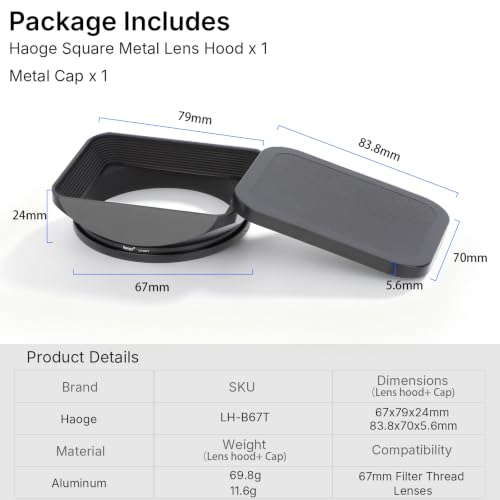 Haoge 67mm Square Metal Screw-in Mount Lens Hood Shade with Cap for 67mm Canon Nikon Sony Leica Leitz Carl Zeiss Voigtlander Nikkor Panasonic Fujifilm Olympus Lens and Other 67mm Filter Thread Lens