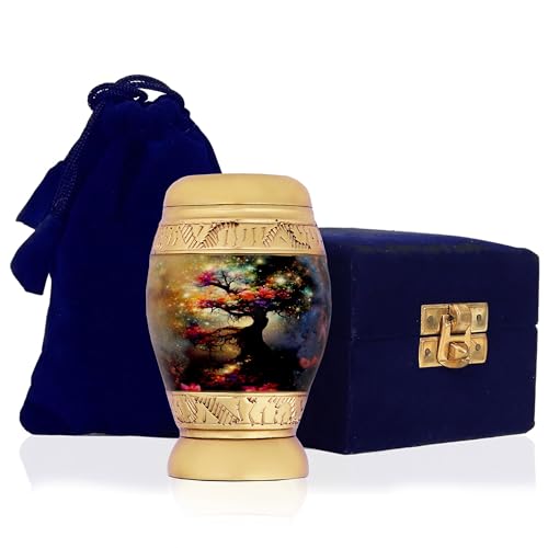 Small Heaven Tree Memorial Lovely Keepsake Urn Qnty 1 - Keepsake Urn for Human Ashes with 1 Velvet Box Bag - Mini Memorial Affordable Urn Golden 3.5" H X 2" W X 2" L