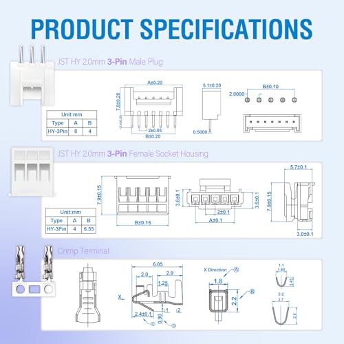 CQRobot JST HY 2.0mm Grid 3-Pin Electrical Connector Adapter | Connector strip socket housing crimp contacts PCB cable board adapter cable assembly 50 sets/250 pieces 3P
