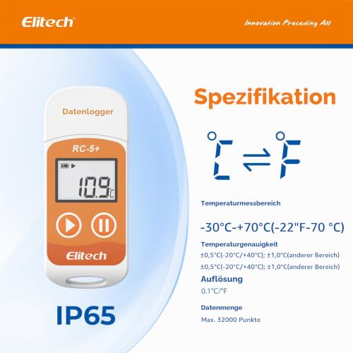 Elitech RC-5+ PDF USB Temperature Data logger Recorder 32000 Points High Accuracy (RC-5+) RC-5+ 1 Pack