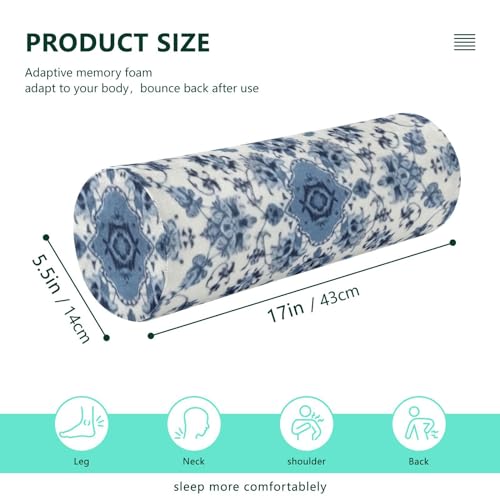Kigai Cervical Pillow for Neck Pain Relief Memory Foam Pillow with Removable & Washable Cover Cylinder Round Neck Pillow Bolster Pillow for Legs, Bed, Neak, Back, Blue and White Pattern