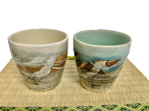 Hand-made Japanese Ceramic Yunomi Tea cups Set, Versatile Cups Engraved with Lines Pattern Blue and White for Hot Green Tea, Sake, Set of 2 from Japan M58456