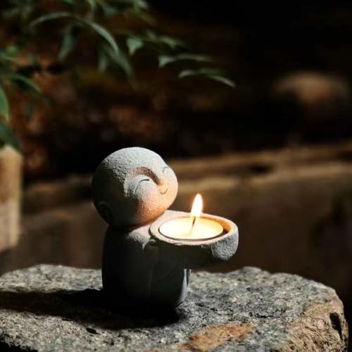 Sandstone Monk Tealight Candle Holder, Zen Desk Decor Gray