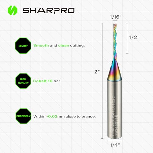 SHARPRO 1/16-inch downcut spiral CNC router bit with 1/4-inch shank and 1/2-inch cutting length