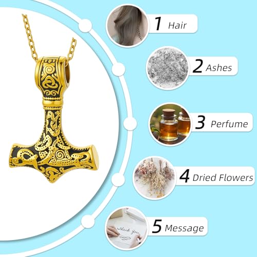 Viking Thors Hammer Mjolnir Urn Necklace for Ashes, Celtic Nordic Cremation Jewelry, Memorial Keepsake Pendant for Men Women Gold