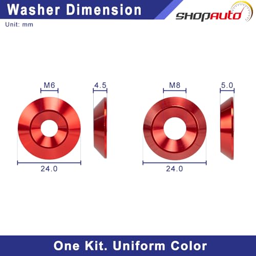Red aluminum tapered washers, 24mm OD, M6 and M8, 16-piece flat washer set by Shopauto