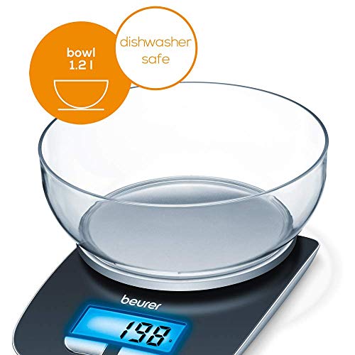 Beurer KS25 Digital Kitchen Scale | With 1.2l weighing bowl | Tare weighing function | Adjustable between kg, g, lb, oz | 3kg weight capacity, black A