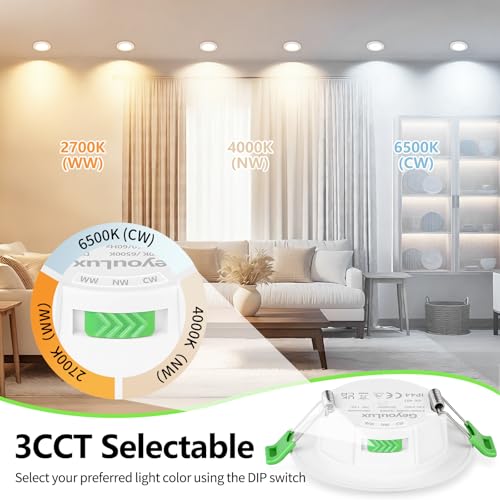 GeyouLux Recessed LED Spotlight 230V Dimmable, 65-75 mm Hole Size LED Spotlights, Set of 6 | 7W 700LM Recessed Lights, IP44 2700K/4000K/6500K Ceiling Spotlights, Extra Flat Recessed Spotlights for Bathroom, Kitchen, Living Room, White