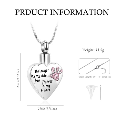 Urn Necklace for Ashes Personalized Urn Pendant Heart Necklace Pets Paw Print Keepsake Waterproof Memorial Gifts for Dogs Silver-Pink