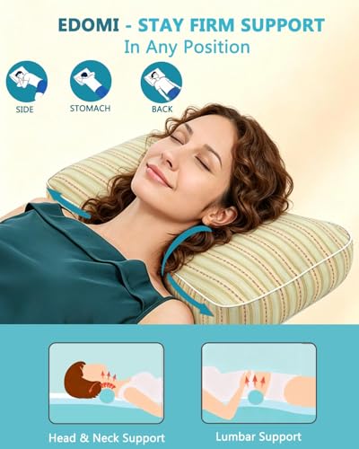 Edomi buckwheat pillow with green cotton cover, adjustable firmness for pain relief and deep sleep support.