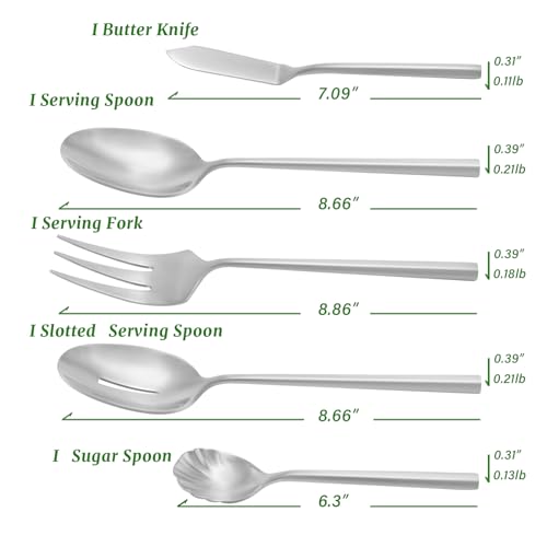 DEACORY 5-piece stainless steel matte silverware set with thick heavy flatware and hexagon handle design, includes serving utensils.