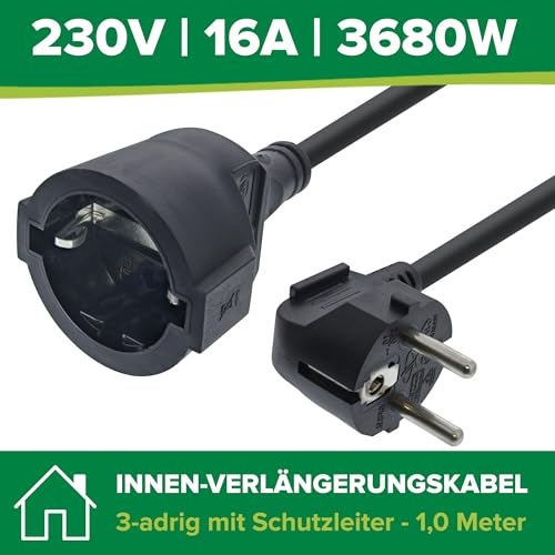 InLine Power Extension Cable 1 m for Devices with Protective Contact, Black | H05VV-F 3G1.5 mm², 16 A at 230 V, up to 3,500 W, increased touch protection, GS tested 1m
