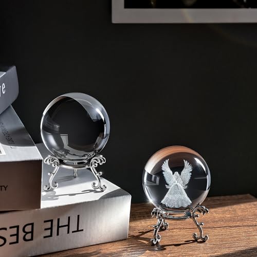 2 Pcs Crystal Ball with Silver Stand - 3D Laser Engraved Guardian Angel & Clear Glass Sphere Paperweight, Healing Crystal Figurine for Home Decor, Wedding & Angel Lovers Gift Clear&angel