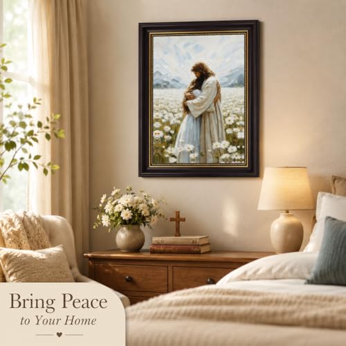 FKRYTYB Vintage Brown Framed Jesus Hugging Girl Canvas Wall Art 12x16in Jesus Embrace 16"L x 12"W