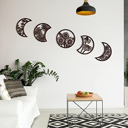 Jetec 5 Pcs Moon Phases Wall Art Decor, Wooden, Brown, 10.6 Inch, Flower