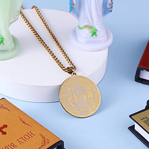 St Saint Benedict Medal Necklace, St Benedict's Medal Stainless Steel Necklace Gold