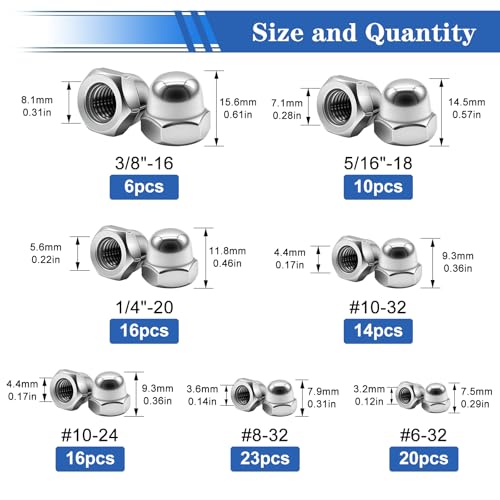 smseace 105-piece 304 stainless steel SAE acorn nuts assortment kit in silver