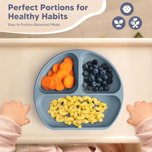 Baby Suction Plates and Bowls Set - 100% Food Grade Silicone Toddler Feeding Supplies for BLW | Stay-Put Divided Dish | Includes Bonus Bib, Cup & Soft Spoon/Fork (6-Piece) Blue