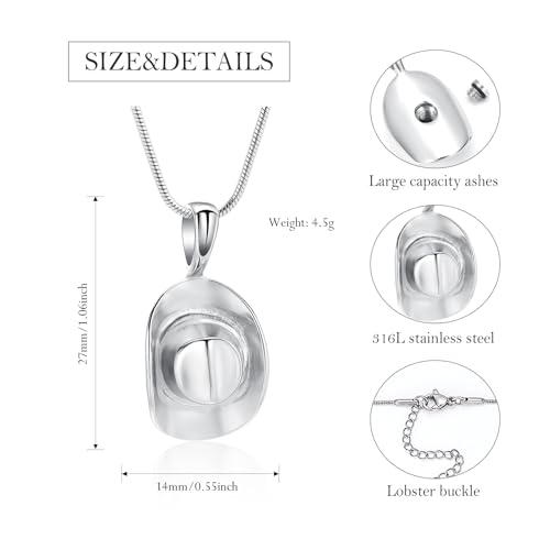 Hearbeingt Cowboy Hat Urn Necklace for Ashes Cremation Jewelry Silver